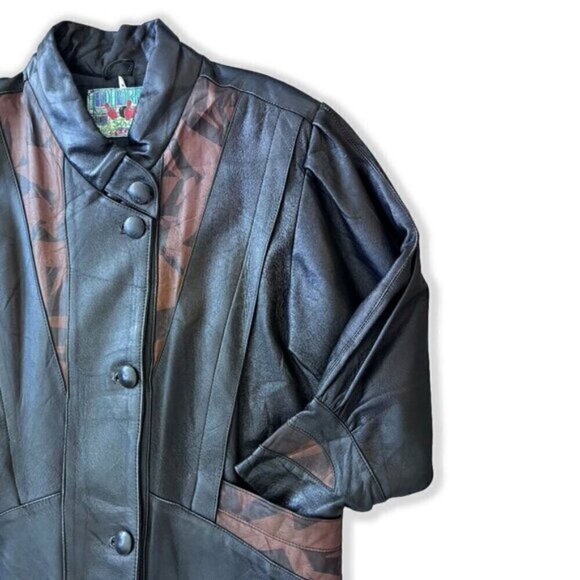 Vintage Black Brown Leather Geometric Print Oversized Mid-Length Jacket 80s 90s - Picture 2 of 7